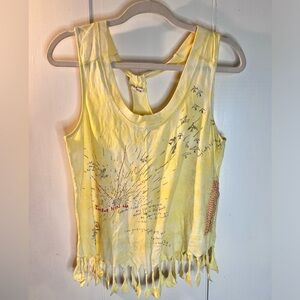 Free people yellow tank top with fringe and bird print. Size medium.